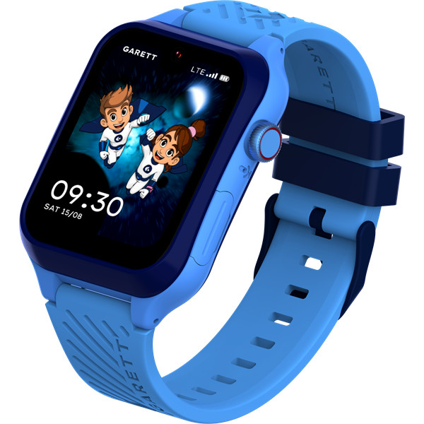 Niebieski smartwatch wyświetla kreskówkowych superbohaterów. Zegarek ma niebieski pasek i granatową ramkę. Godzina to 09:30.