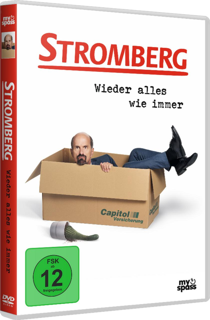 DVD-Cover. Mann in Box. Titel: Stromberg. Text: Wieder alles wie immer. Grünes Bewertungssymbol. Kaktus und Topf. Roter Rücken.