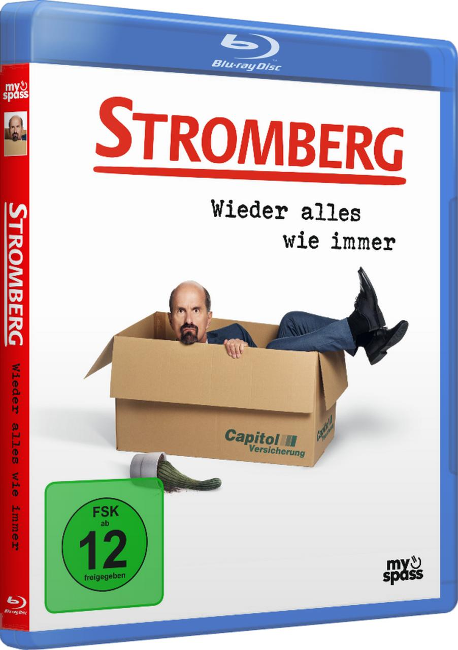 Blu-ray-Cover: Mann in einer Kiste. Titel Stromberg. Text Wieder alles wie immer. FSK 12 Bewertung. Capitol Versicherung.