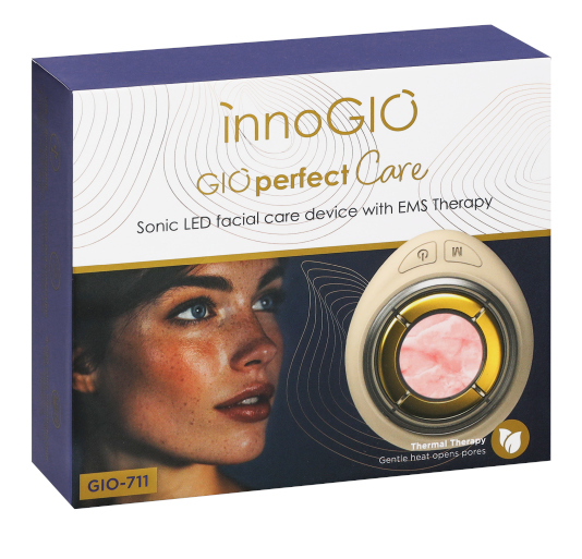 Pudełko urządzenia sonicznego LED do pielęgnacji twarzy z terapią EMS, z twarzą kobiety i urządzeniem.