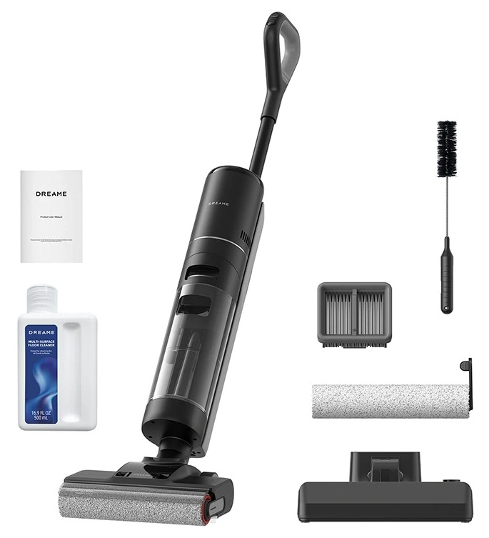 Czarny odkurzacz na mokro i sucho z akcesoriami: instrukcja, butelka z płynem, szczotka, filtr, wałek, podstawa.