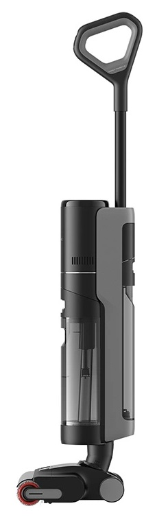 Nowoczesny, ciemny odkurzacz podłogowy z uchwytem i przezroczystym zbiornikiem.