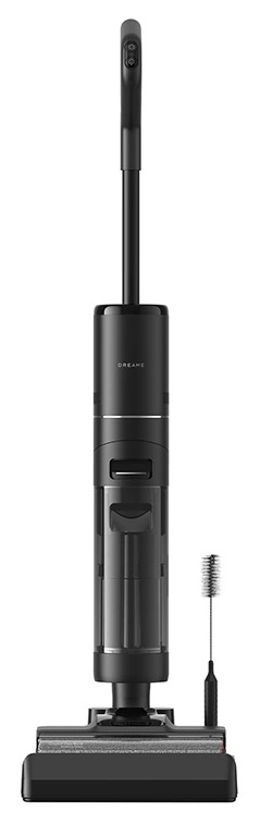 Czarny odkurzacz bezprzewodowy z nasadką szczotkową na białym tle.