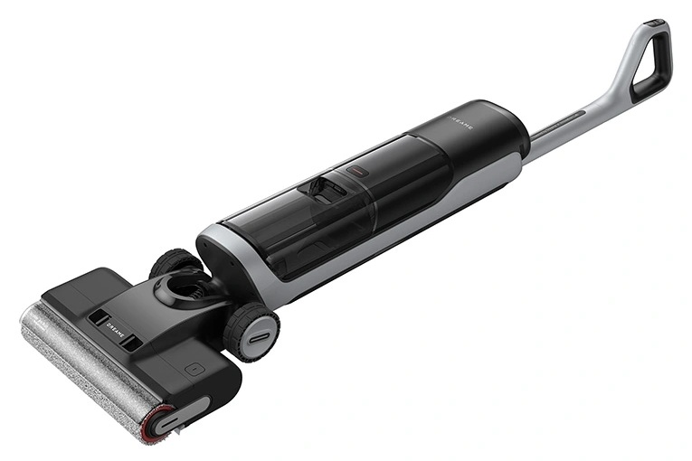 Nowoczesny szaro-czarny odkurzacz akumulatorowy z wałkiem szczotkowym i uchwytem.