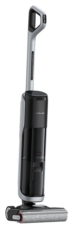 Nowoczesny, bezprzewodowy odkurzacz do pracy na mokro i sucho, czarno-srebrny, z wałkiem szczotkowym.