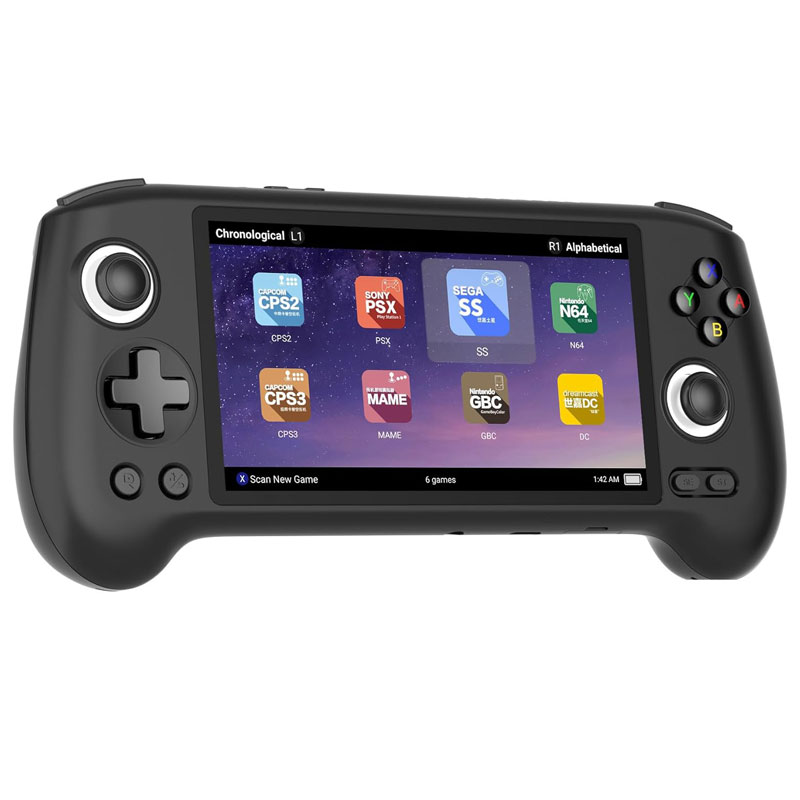 Czarna przenośna konsola do gier. Ekran wyświetla ikony gier. Przyciski i joysticki po obu stronach ekranu.