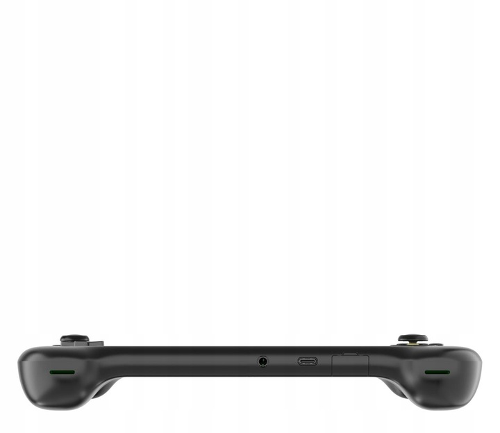 Czarny gamepad, widziany z boku. Ma przyciski i porty oraz zieloną linię po każdej stronie.