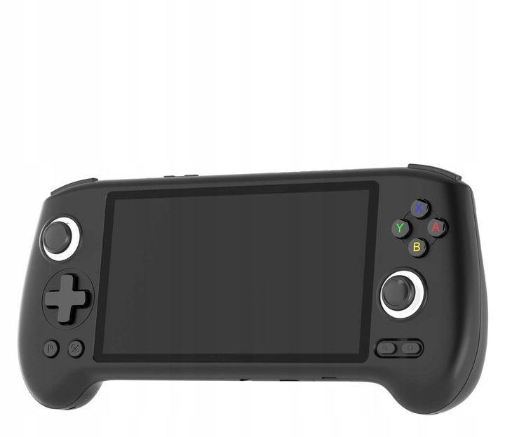 Czarna przenośna konsola do gier z ekranem, przyciskami, D-padem i joystickami, na białym tle.