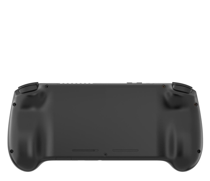 Pokazano tył czarnego przenośnego urządzenia do gier, z dwoma uchwytami po bokach i przyciskami wzdłuż górnej krawędzi.
