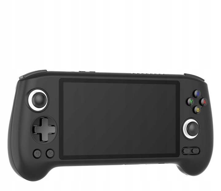Czarna przenośna konsola do gier z ekranem, przyciskami i joystickami. Tło jest białe.