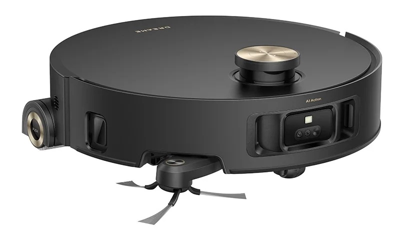 Czarny robot sprzątający z obrotowymi szczotkami na białym tle.