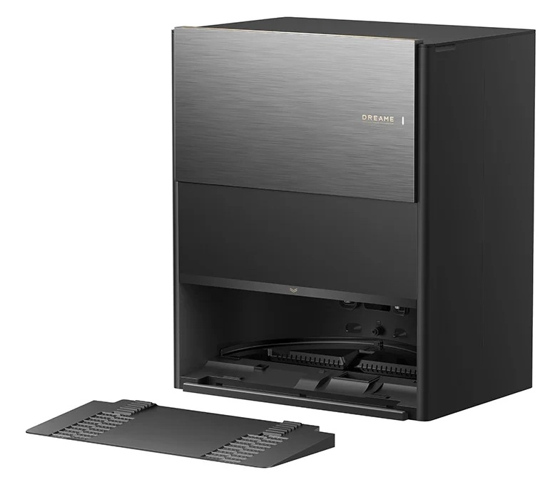Czarny sprzęt Dreame z górną częścią ze szczotkowanego metalu i odłączaną szarą podstawą.