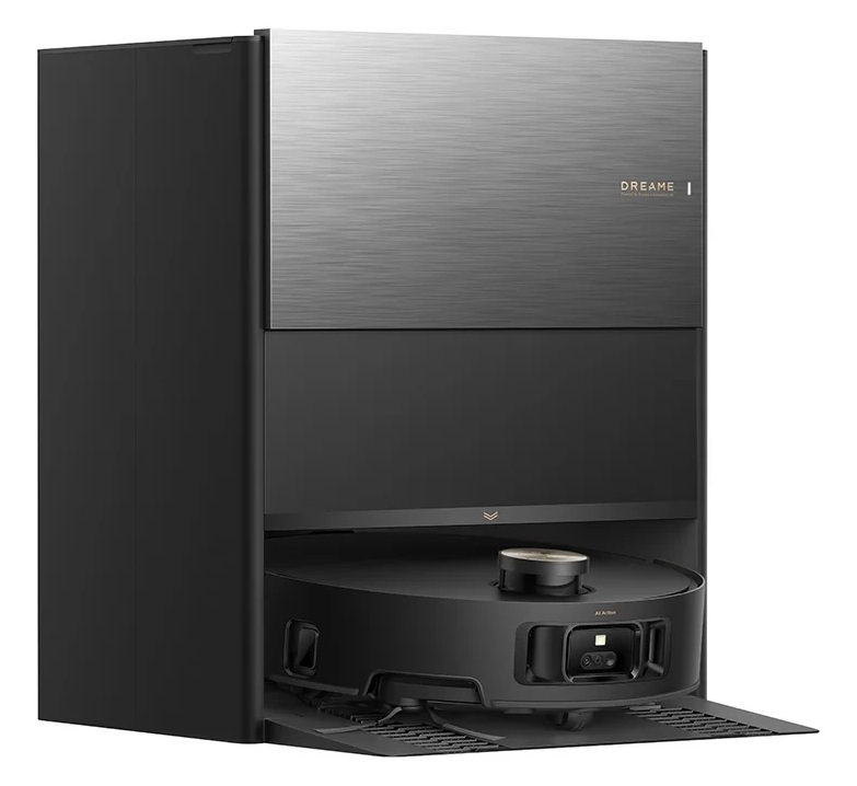 Czarny robot sprzątający ze stacją ładującą i szczotkowanym metalowym wykończeniem.