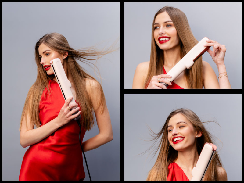 Kobieta w czerwonej sukience używa białej prostownicy do długich brązowych włosów na szarym tle.