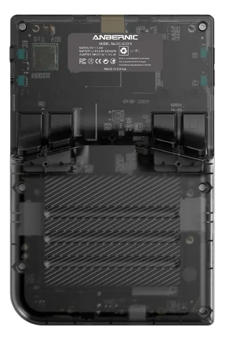 Przezroczysty tył konsoli do gier, pokazujący wewnętrzne komponenty i etykietę ze specyfikacjami.