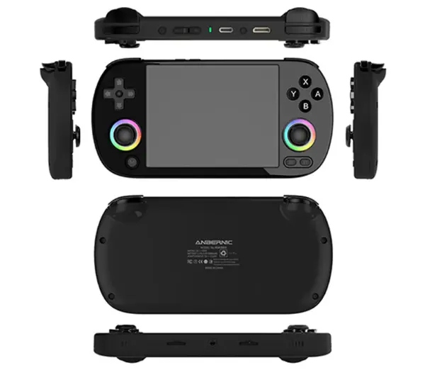 Czarna przenośna konsola do gier, widok z góry, z dołu i z boku. Posiada przyciski, ekran i etykietę z tyłu.