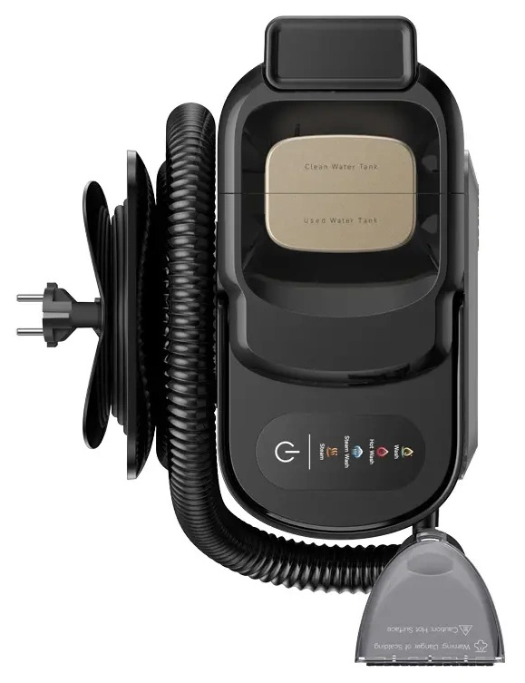 Czarny parownica z wężem, kablem i dyszą. Opisane zbiorniki na wodę i kontrolki.