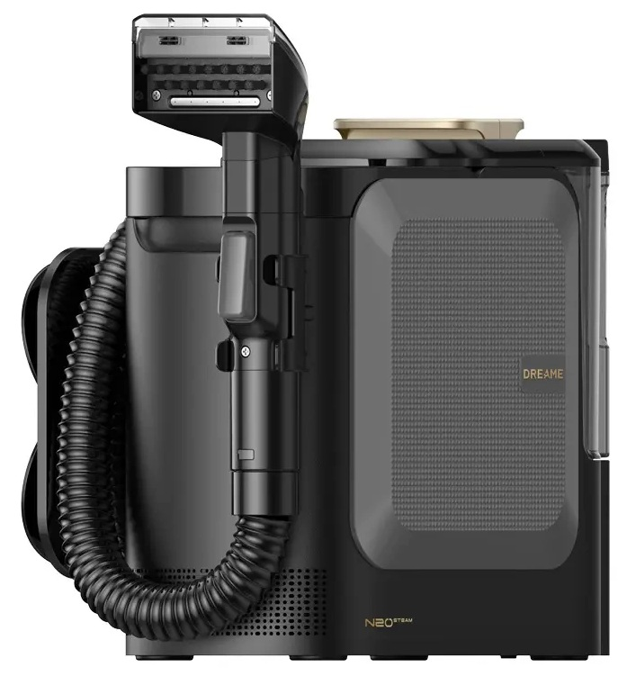 Czarny odkurzacz parowy z wężem i szczotką.