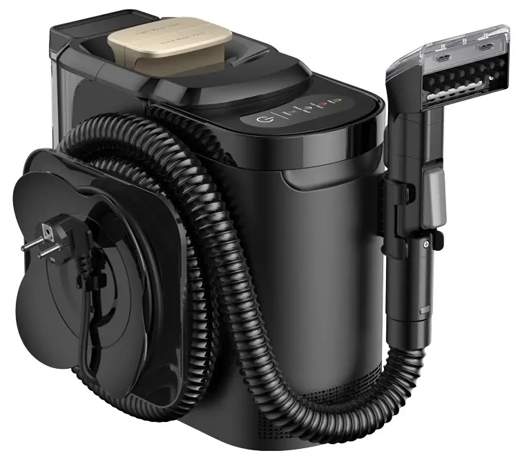 Czarna maszyna czyszcząca z wężem, dyszą i kablem na zwijaczu.