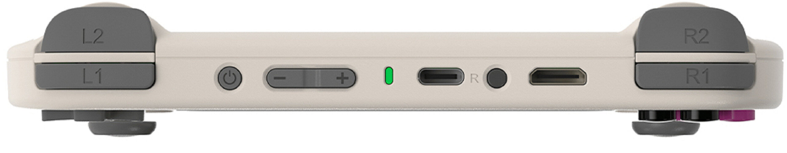 Kremowa konsola do gier ręcznych od spodu. Zawiera przyciski L/R, porty, zasilanie, regulację głośności i zielone światło.