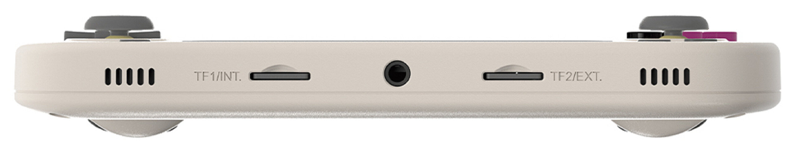 Kremowa konsola do gier przenośnych. Posiada głośniki, porty i drążki sterowania.