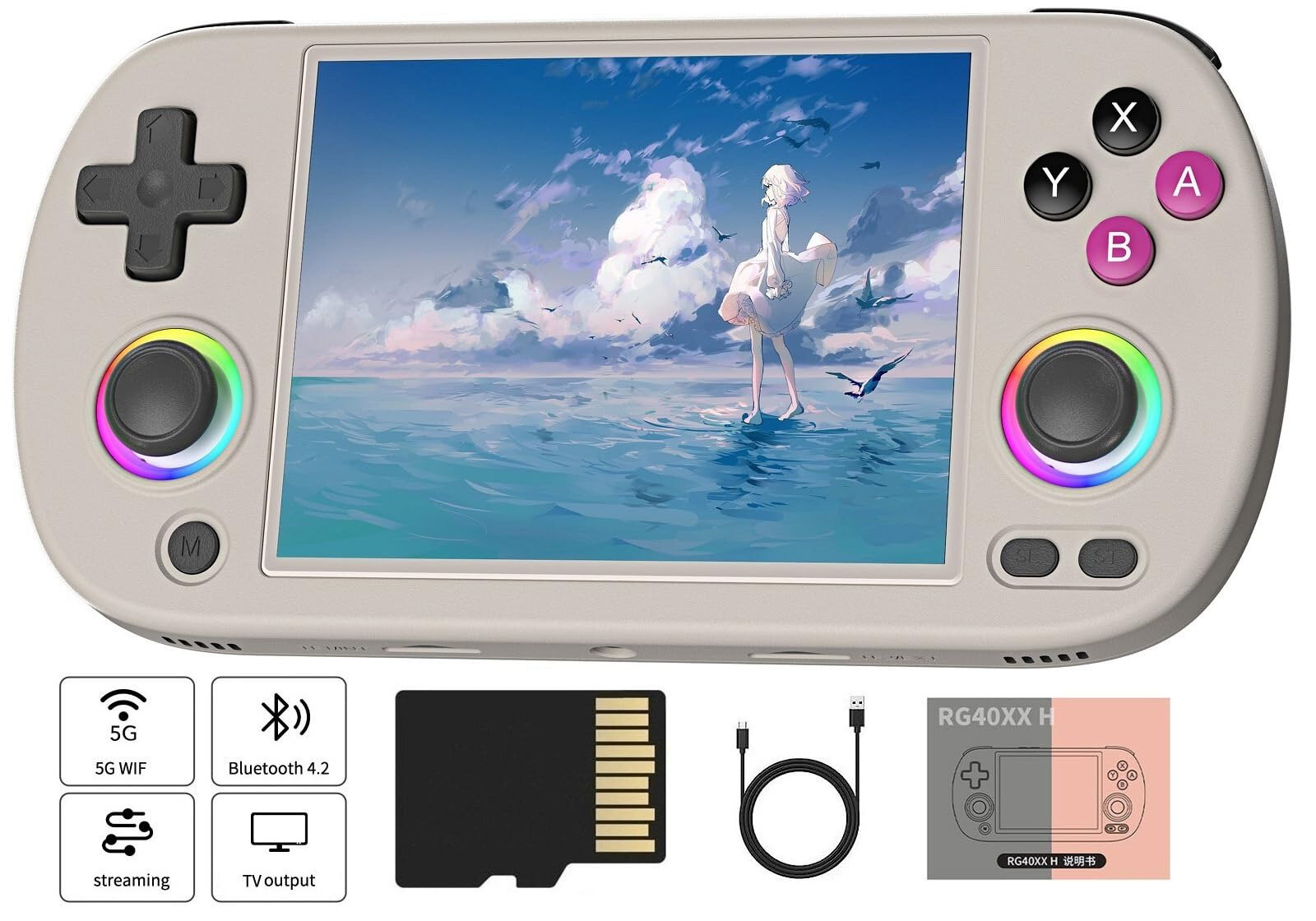 Przenośna konsola do gier z ekranem wyświetlającym scenę z anime. Widoczne przyciski i elementy sterujące. Widoczne są również akcesoria.