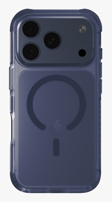 Granatowe etui na iPhone z potrójnym aparatem i pierścieniem MagSafe.
