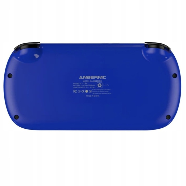 Widoczny jest tył niebieskiej konsoli do gier Anbernic RG400H. Posiada dwa czarne joysticki, przyciski oraz tekst wskazujący model i specyfikacje.