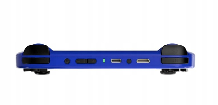 Niebieska przenośna konsola do gier widziana od dołu. Ma przyciski, porty i przycisk zasilania z przodu.