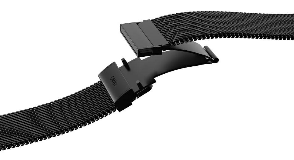 Czarna, siatkowa bransoleta zegarka z otwartym zapięciem magnetycznym.