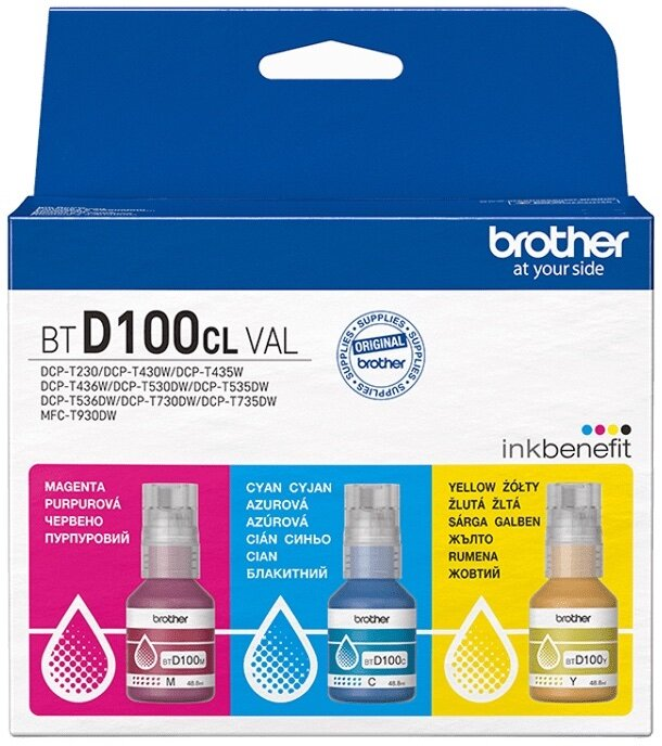 Pudełko z wkładami atramentowymi Brother z butelkami z tuszem magenta, cyjan i żółtym.