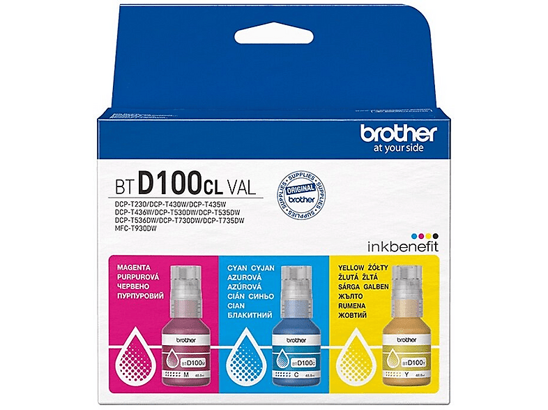 Zestaw tuszów BROTHER Purpurowy 48.8 ml, Błękitny 48.8 ml, Żółty 48.8 ml BTD100CLVAL – zdjęcie 3