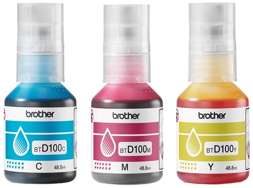 Trzy butelki z tuszem Brother: cyjan, magenta i żółty. Każda ma przezroczystą nakrętkę i etykietę z kodem koloru.