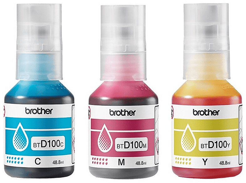 Zestaw tuszów BROTHER Purpurowy 48.8 ml, Błękitny 48.8 ml, Żółty 48.8 ml BTD100CLVAL – zdjęcie 2