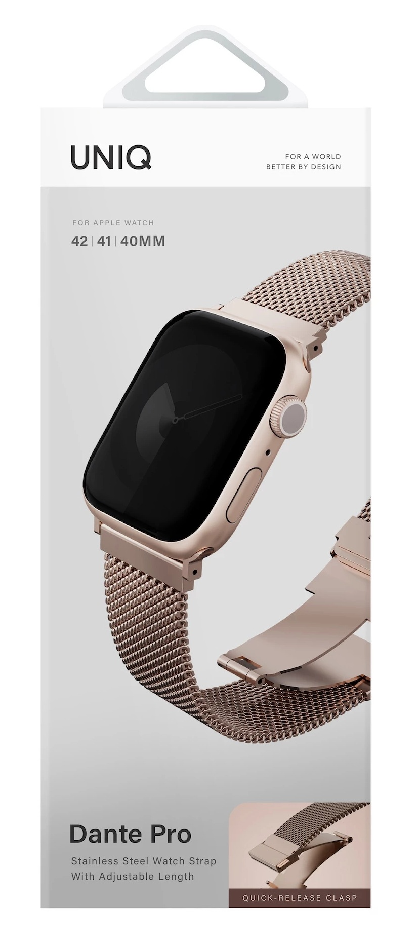 Różowo-złota bransoleta Apple Watch ze stali nierdzewnej z siatkowym paskiem i zapięciem.