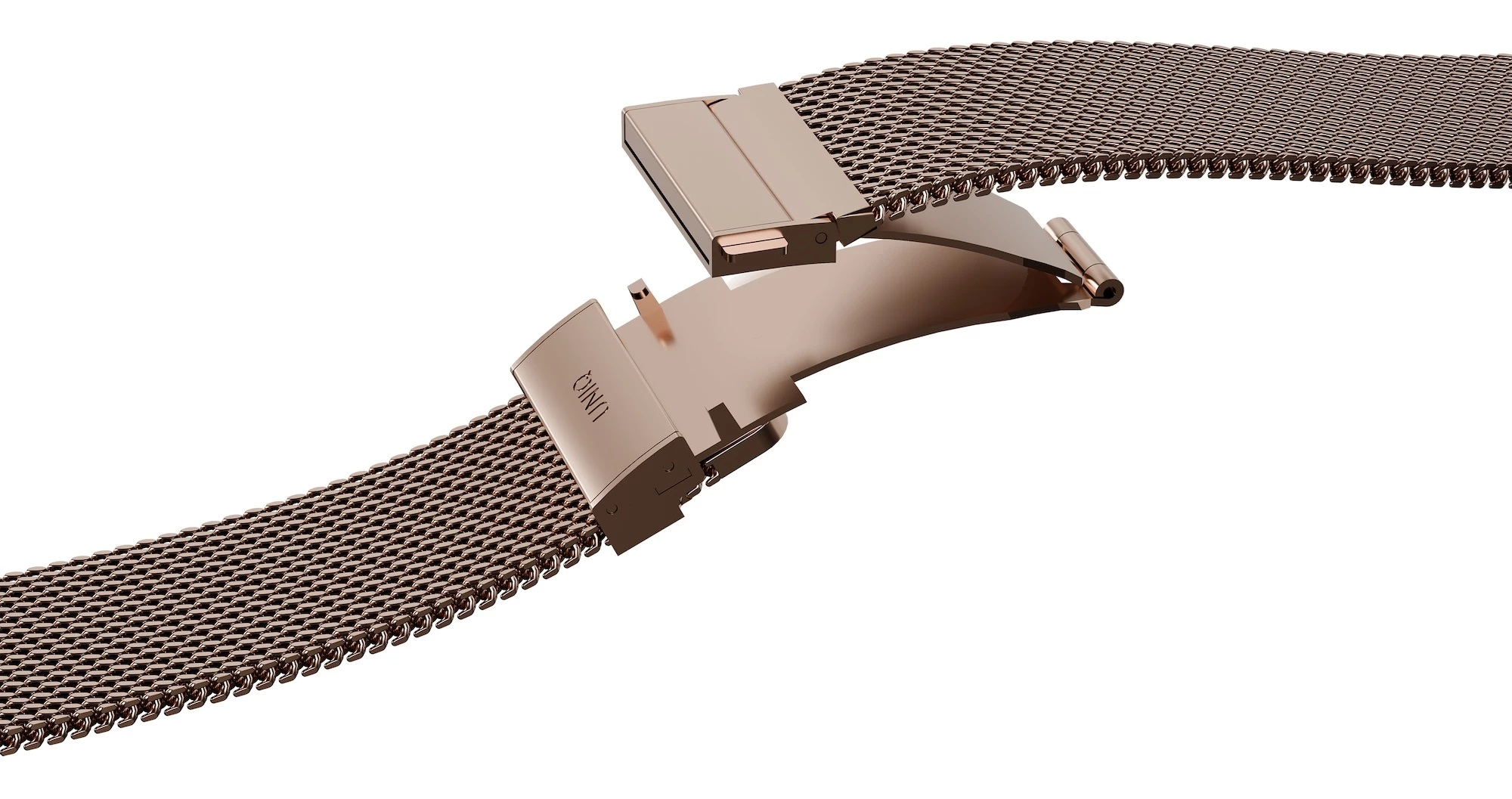 Różowo-złota bransoleta mediolańska z otwartym zapięciem na białym tle.