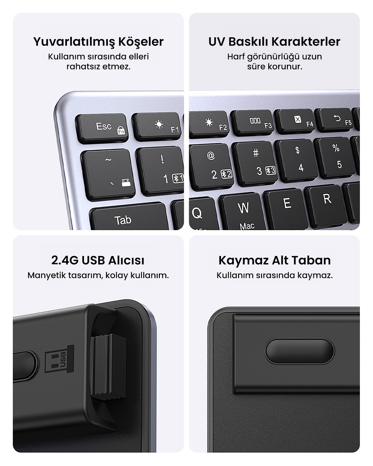Siyah tuşlu ve gümüş çerçeveli klavyenin yakın çekimi. Yuvarlak köşeler, USB alıcısı ve kaymaz taban içerir.