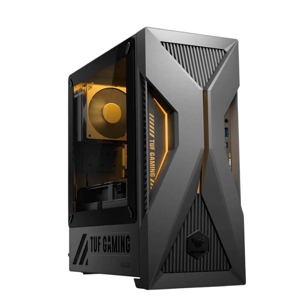 Siyah ve gri bir TUF Gaming PC kasası gösteriliyor. Cam yan paneli, sarı vurguları ve içinde görülebilir büyük bir fan bulunmaktadır.