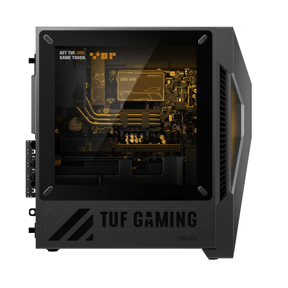 Siyah TUF Gaming bilgisayar kasası, cam yan panele sahip. İçeride, sarı ışıkla aydınlatılmış bir anakart ve bileşenler görülüyor.