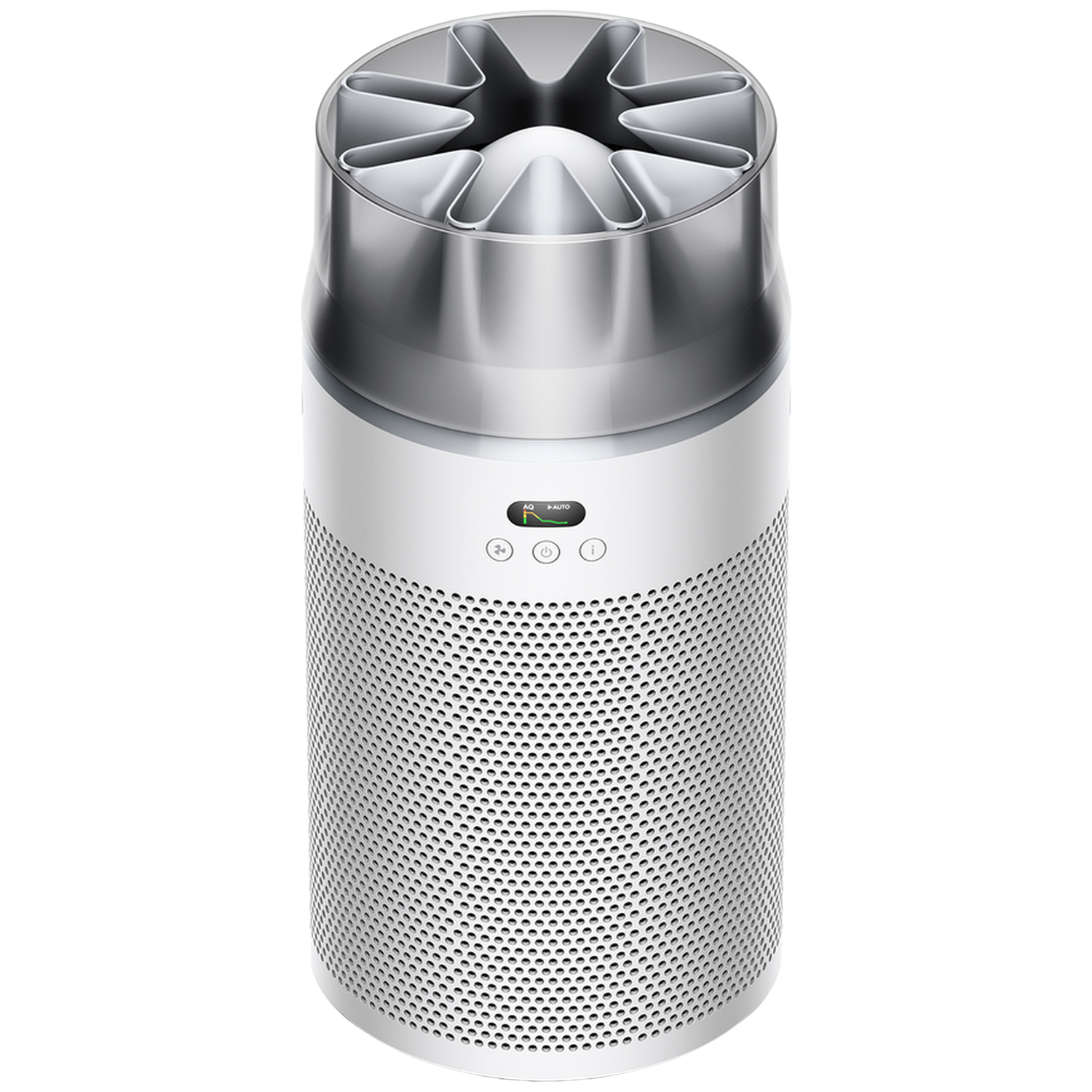 Een witte en zilveren luchtreiniger. Hij heeft een geperforeerd onderstuk, een wit middengedeelte en een zilveren bovenkant met ventilatorbladen.