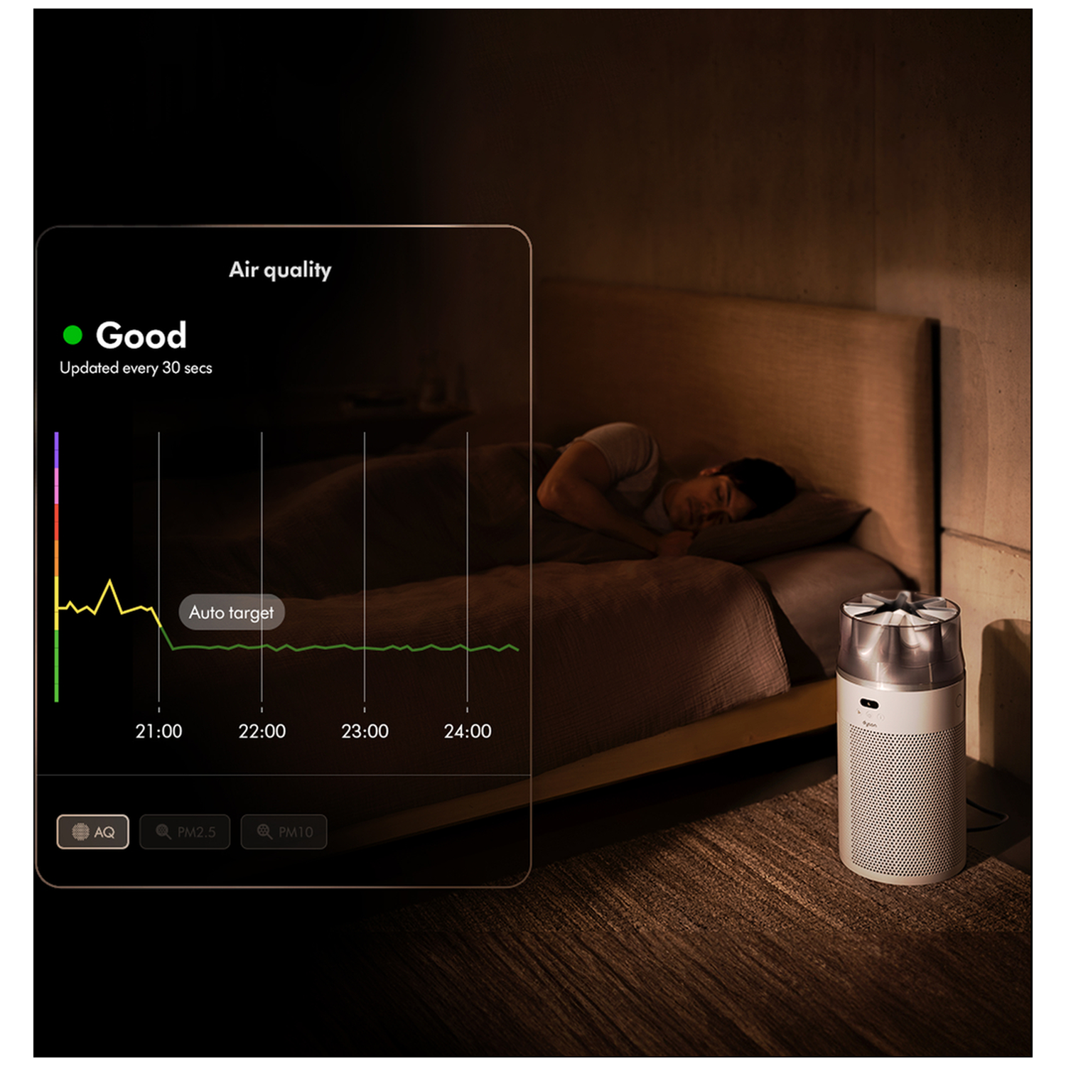 Een man slaapt in bed. Een luchtreiniger staat naast het bed. Een display toont de luchtkwaliteit als 'Goed'.