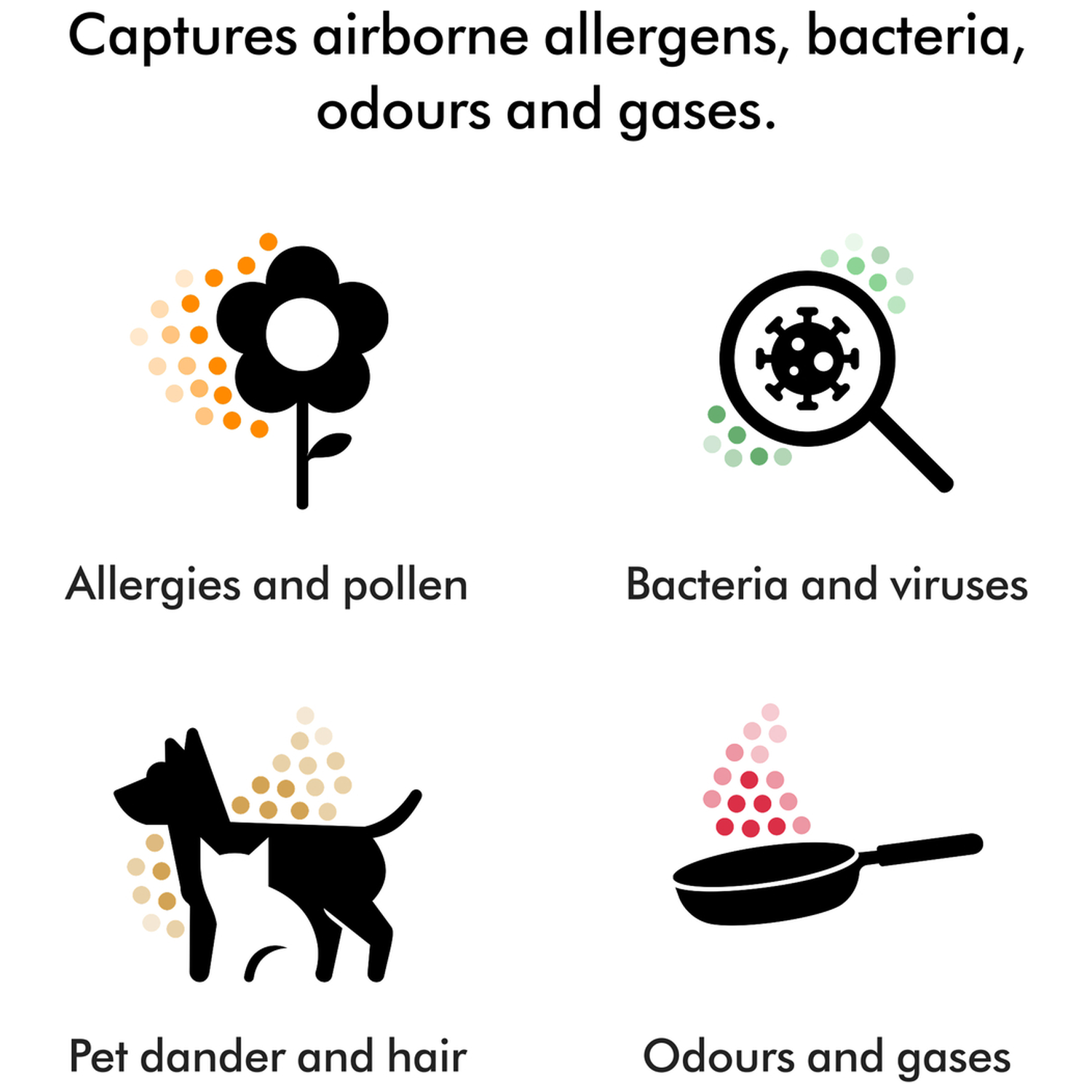 Afbeelding toont een zwarte bloem, vergrootglas met virus, hond en kat, en pan. Bijschriften: Allergieën, Bacteriën, Huidschilfers van huisdieren, Geuren.