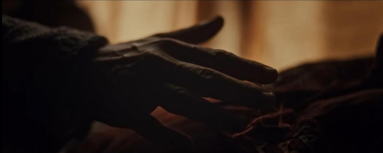 Eine Hand ruht sanft auf einem roten Stoff. Die Szene ist schwach beleuchtet, die Hand im Fokus. Der Hintergrund ist unscharf und warm getönt.