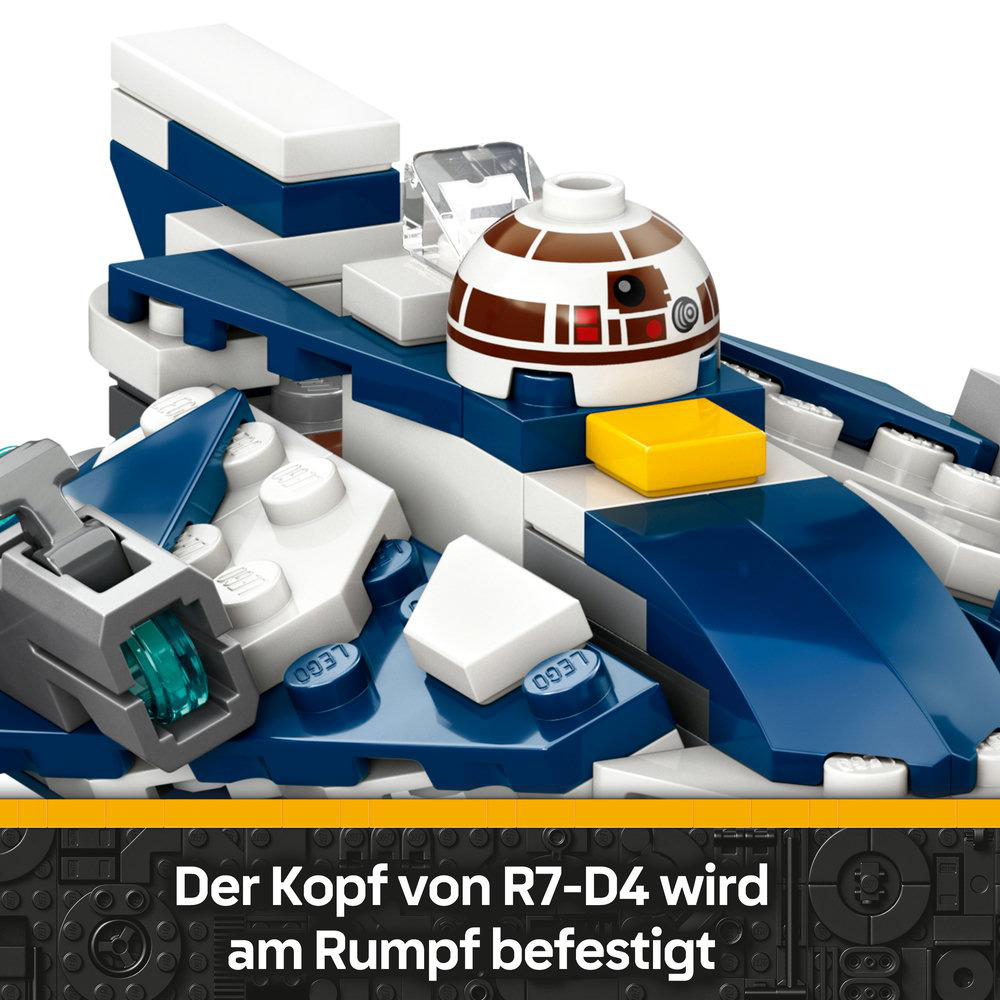 Ein Lego Star Wars Modell mit dem Kopf von R7-D4 und einem weißen und blauen Schiffsteil. Ein gelber Block befindet sich unter dem Kopf des Droiden.