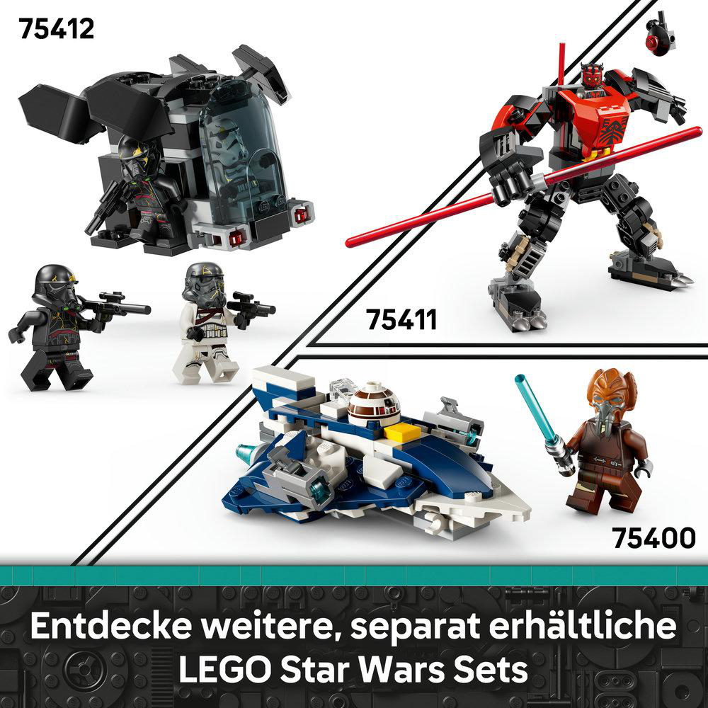 LEGO Star Wars Sets. Beinhaltet Raumschiffe, Minifiguren und Charaktere. Setnummern 75412, 75411 und 75400 sind sichtbar.