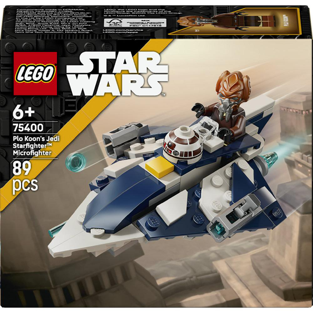LEGO Star Wars Set. Plo Koons Jedi Starfighter Microfighter. Blau-weißes Raumschiff mit brauner Minifigur. Das Set ist für Kinder ab 6 Jahren.