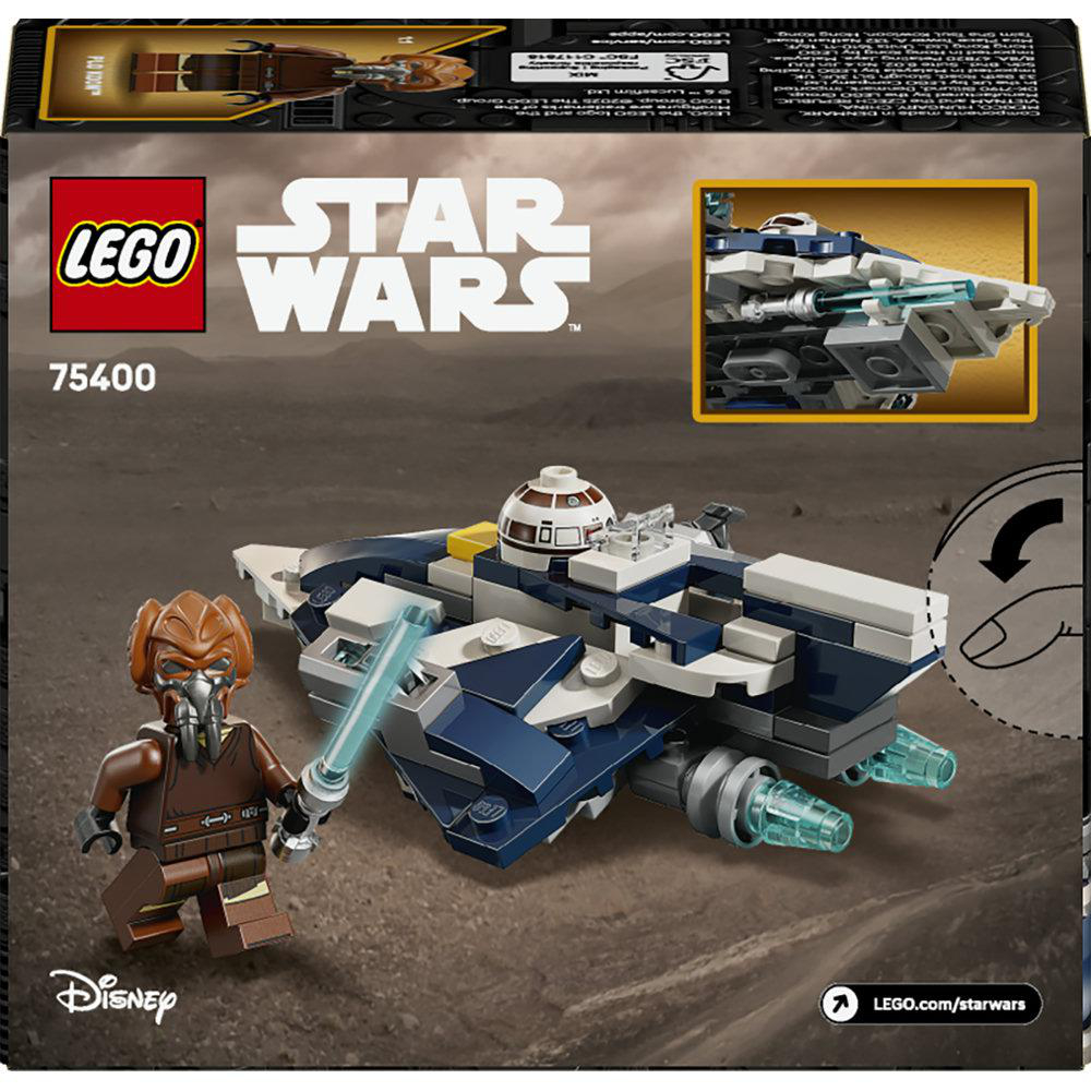 Lego Star Wars Set. Eine Minifigur mit Lichtschwert und ein blau-weißes Raumschiff im Vordergrund. Der Hintergrund ist eine Wüste.