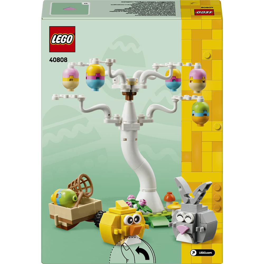 Lego-Osterset-Box. Enthält einen weißen Baum mit bunten Eiern, ein Küken, einen Hasen und einen Wagen mit einem grünen Ei.