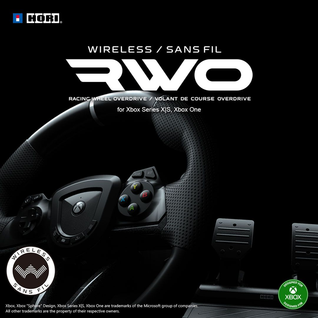 Das Bild zeigt ein schwarzes Rennlenkrad mit Pedalen. Der Text lautet 'Wireless RWO Racing Wheel Overdrive' für Xbox Series X|S, Xbox One.
