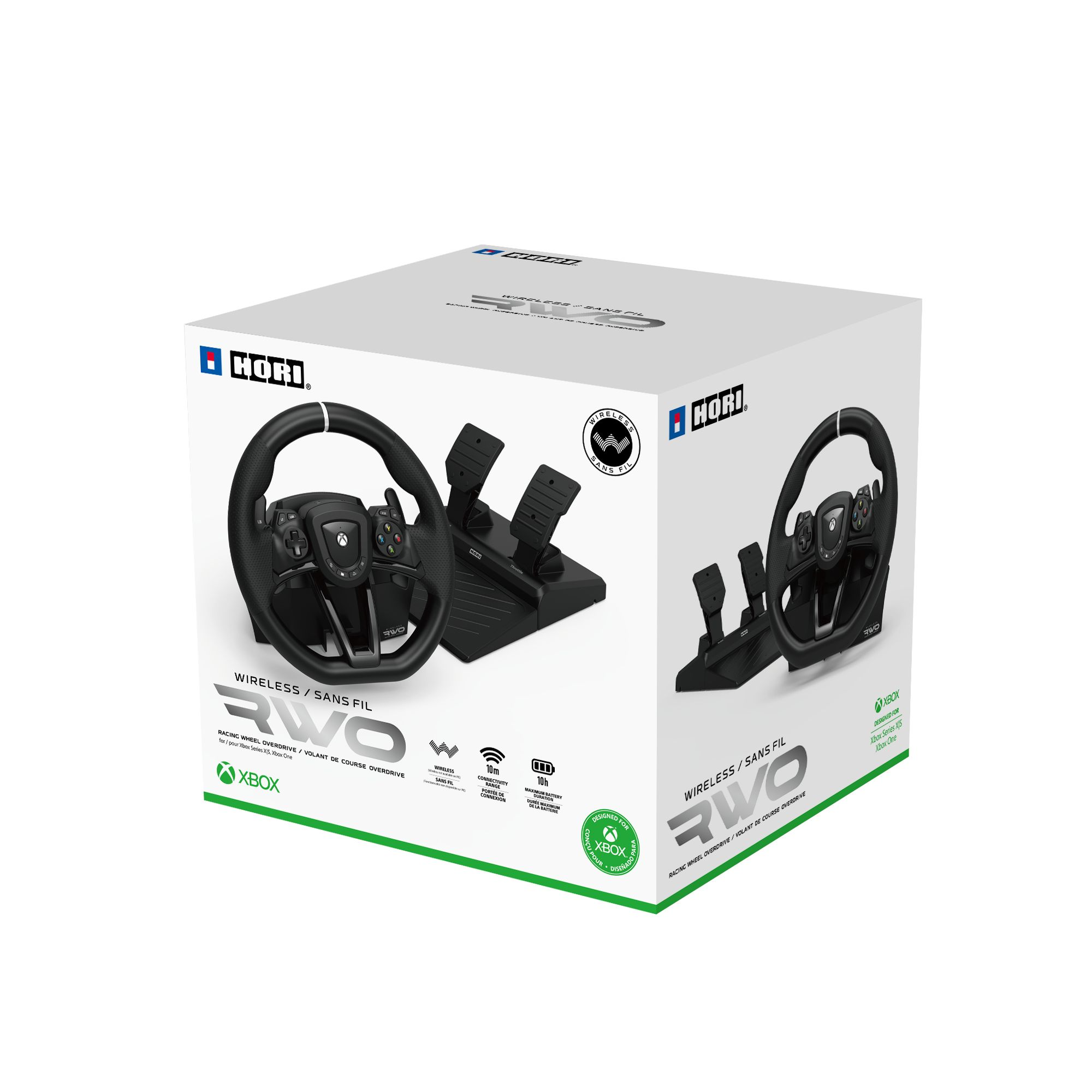 Verpacktes schwarzes Hori RWO Rennlenkrad und Pedalset für Xbox. Merkmale: kabellos, Pedale und Xbox-Logo.